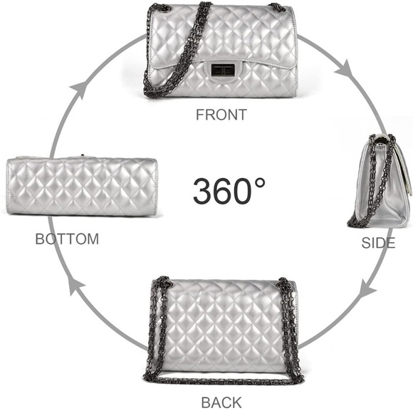 Women’s Silver Quilted Crossbody Flap Bag Chain Strap - Picture 8 of 8